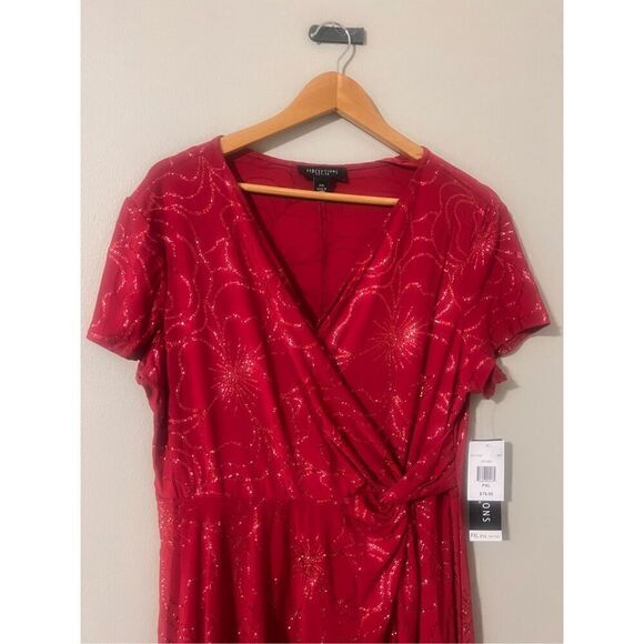 Perceptions Petite XL Short Sleeve Glitter Floral Dress Red Asymmetrical Holiday - Picture 3 of 15